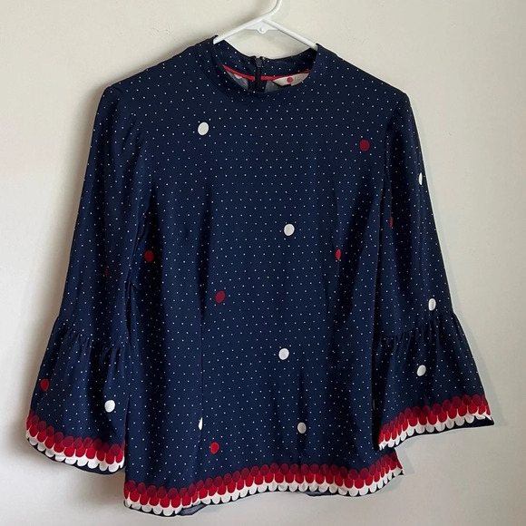 Boden navy polka dot high neck flounce sleeve blouse size 4 - Picture 5 of 8